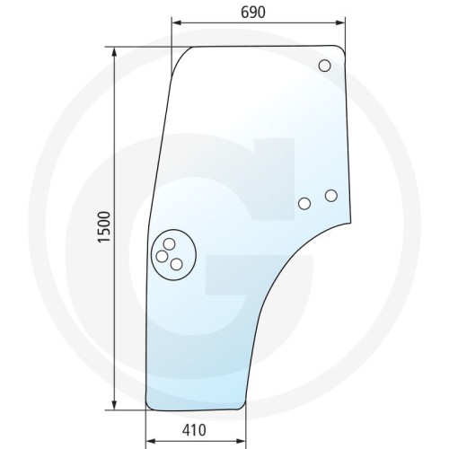 Szyba drzwi lewa, rozstaw otworów na uchwyt 115 mm New Holland TN60, 85, 95