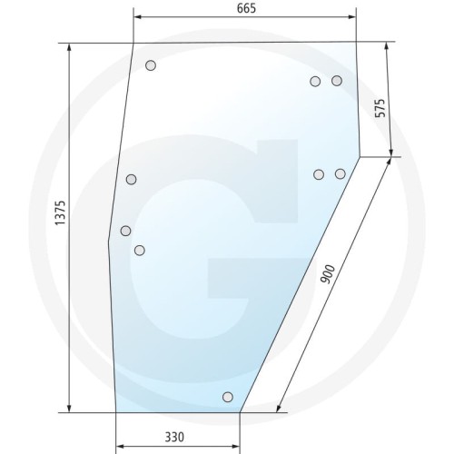 Szyba drzwi prawa, nowa wersja z mocowaniem z zawiasem z 4 otworami Deutz-Fahr DX 160, DX 4.10, 4.30, 4.50, 4.70, DX 6.05, 6.10, 6.30, 6.50, DX 7.10