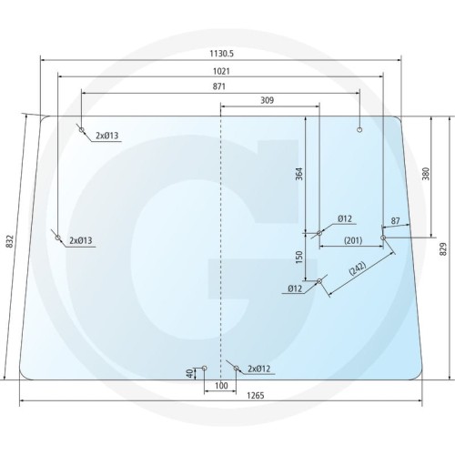 Szyba tylna nowsza wersja, z 5 otworami John Deere Serie 40: 3040, 3140  Serie 50: 2250, 2450, 2650, 2850, 3050, 3150, 3350, 3650