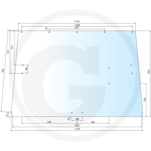 Szyba tylna starsza wersja (z 5 otworami) John Deere Serie 40: 2140, 3040, 3140, 3640, 4040S  Serie 50: 2250, 2450, 2650, 2850, 3050, 3150, 3350, 3650, 4050, 4250, 4350, 4450, 4650, 4850  Serie 55: 4055, 4255, 4455, 4555, 4755, 4955