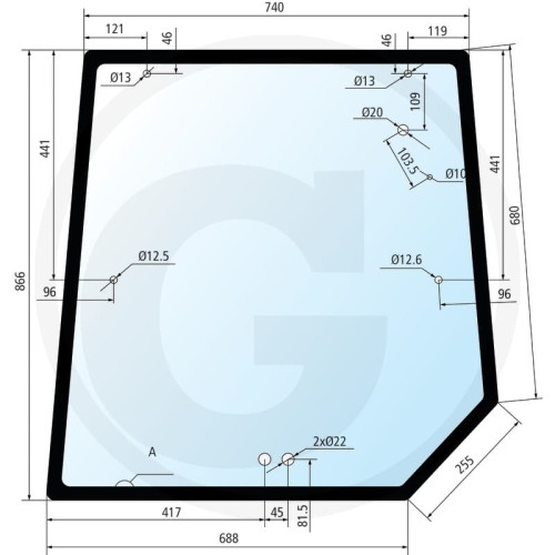 Szyba tylna wycieraczka prawa Massey Ferguson Serie 6100: 6110, 6120, 6130, 6140, 6150, 6160, 6170, 6180  Serie 8100: 8110, 8120, 8130, 8140, 8150, 8160