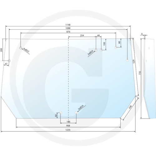 Szyba tylna rozstaw otworów 80 mm Deutz-Fahr Agroplus 60, Agroplus 67, Agroplus 70, Agroplus 75, Agroplus 77, Agroplus 80, Agroplus 85, Agroplus 87, Agroplus 95, Agroplus 95 New, Agroplus 100, Agrofarm 80, Agrofarm 85, Agrofarm 100