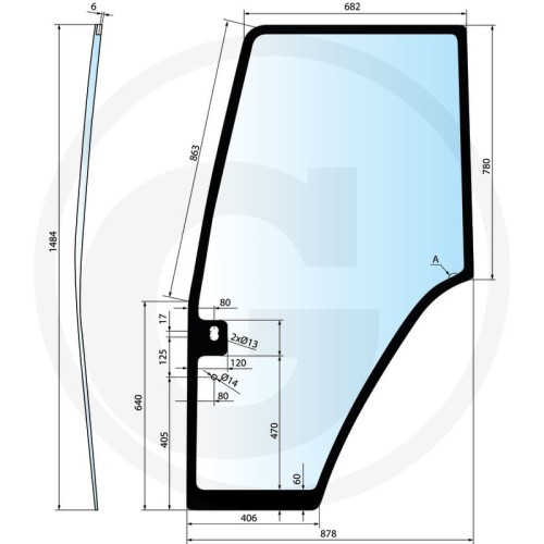 Szyba drzwi prawa, z obramowaniem czarnym Ford 8160, 8260, 8360, 8560