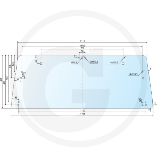 Szyba tylna część górna Ford Serie 10 2310, 2610, 2810, 3010, 3610, 3910, 4010, 4110, 4610, 5010, 5610, 6410, 6610, 6710, 7010, 7410, 7610, 7710, 7810, 7910, 8010, 8210