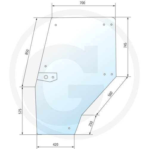 Szyba drzwi lewa zawias z 4 otworami Deutz-Fahr : DX 3.10, DX 3.30, DX 3.50, DX 3.60, DX 3.65, DX 3.70, DX 3.80, DX 3.90,  AgroPrima 4.31, AgroPrima 4.51, AgroPrima 4.56, AgroPrima 6.06, AgroPrima 6.16