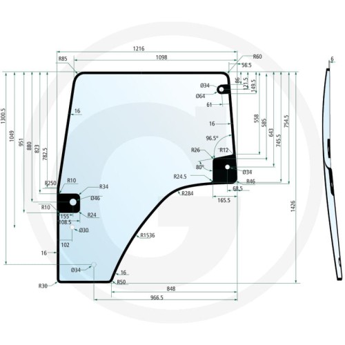 Szyba drzwi strona lewa Hürlimann Serie XB: XB-90, XB-100, XB-105 Serie XB Tier 4: XB-80, XB-90.4, XB-105.4, XB-115.4 Serie XM.K Tier 4: XM.K 90, XM.K 100, XM.K 110, XM.K 120
