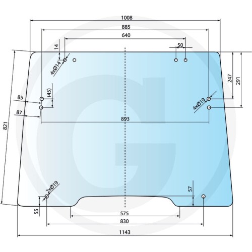 Szyba przednia otwierana, 50 mm luka New Holland Seria T5000: T5030, T5040, T5050, T5060, T5070 Seria TL: TL70, TL80, TL90, TL100 Seria TL-A: TL70A, TL80A, TL90A, TL100A