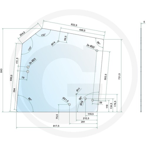 Szyba tylna z tunelem w podstawie Massey Ferguson Seria 5400: 5410, 5410 Tier 3, 5420 Tier 3, 5425, 5425 Tier 3, 5430 Tier 3, 5435, 5435 Tier 3, 5440 Tier 3, 5445, 5445 Tier 3, 5450 Tier 3, 5455, 5455 Tier 3, 5460, 5470